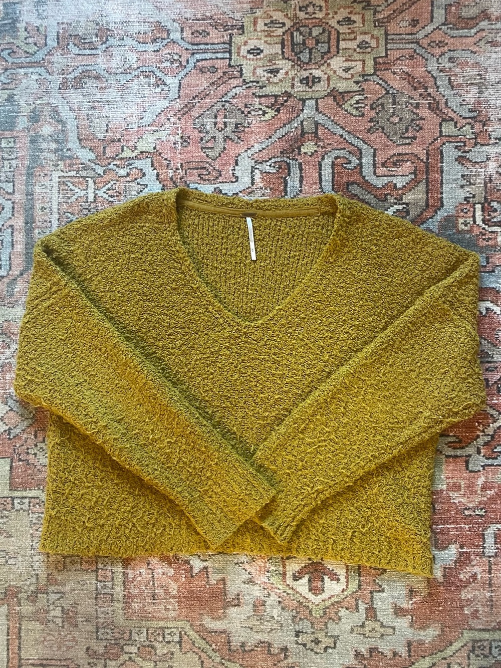 Cozy Women's V-Neck Bouclé Sweater in Mustard